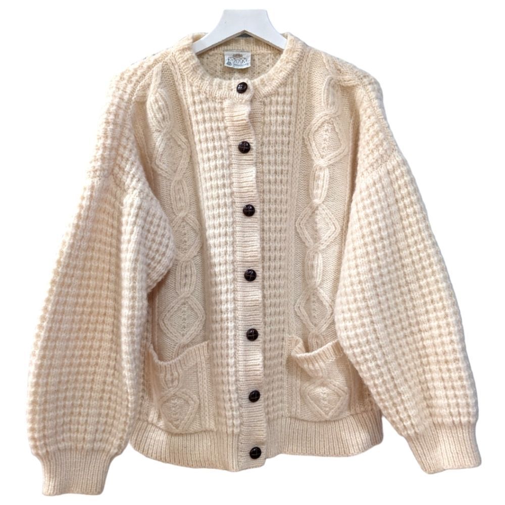 BONNER OF IRELAND Waffle Knit 100% Pure Wool Cream Button Sweater Cardigan Sz XL